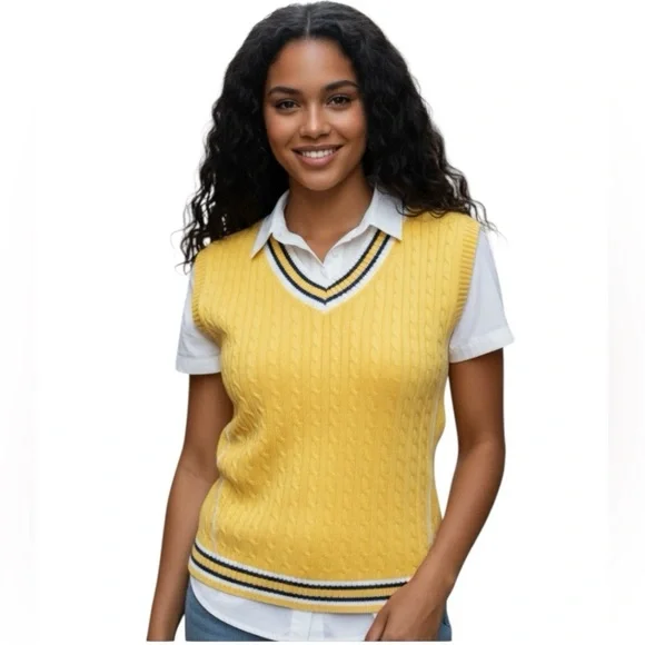 Brooks Brothers Women’s Yellow Cable Knit Tennis V-Neck Vest Sweater Cotton Sz M - Picture 3 of 9